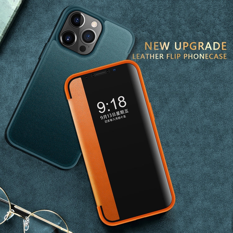 For iPhone 13 Pro Magnetic Side Window View Shockproof Horizontal Flip Leather Case