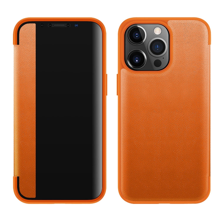 For iPhone 13 Pro Max Magnetic Side Window View Shockproof Horizontal Flip Leather Case