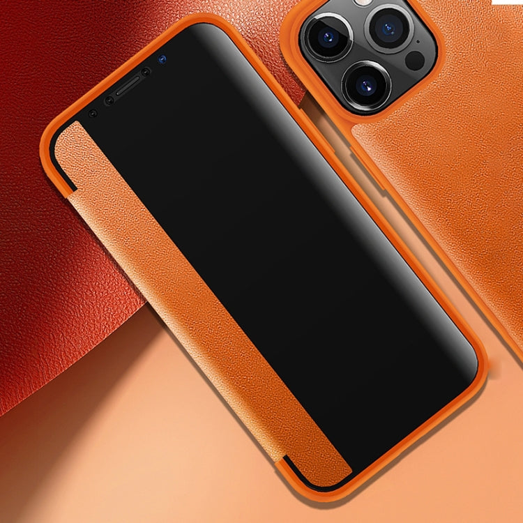 For iPhone 13 Pro Max Magnetic Side Window View Shockproof Horizontal Flip Leather Case