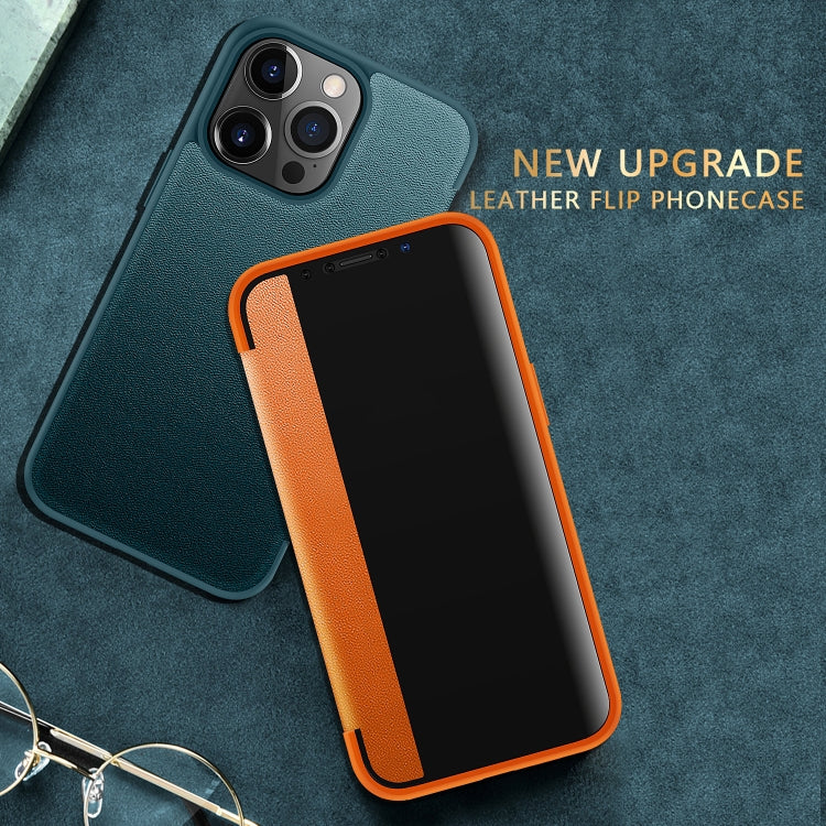 For iPhone 13 Pro Max Magnetic Side Window View Shockproof Horizontal Flip Leather Case