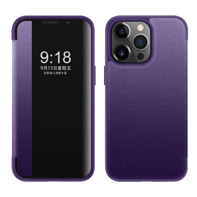 For iPhone 13 Pro Max Magnetic Side Window View Shockproof Horizontal Flip Leather Case