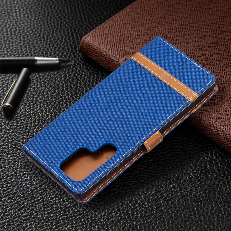For Samsung Galaxy S22 Ultra 5G Color Matching Denim Texture Leather Case with Holder & Card Slots & Wallet & Lanyard