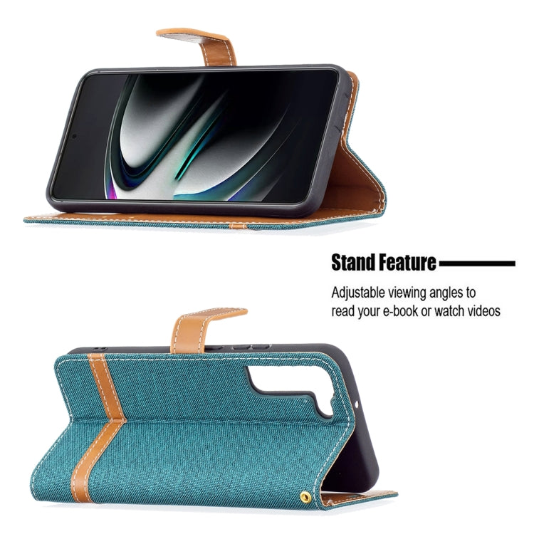 For Samsung Galaxy S22+ 5G Color Matching Denim Texture Leather Case with Holder & Card Slots & Wallet & Lanyard