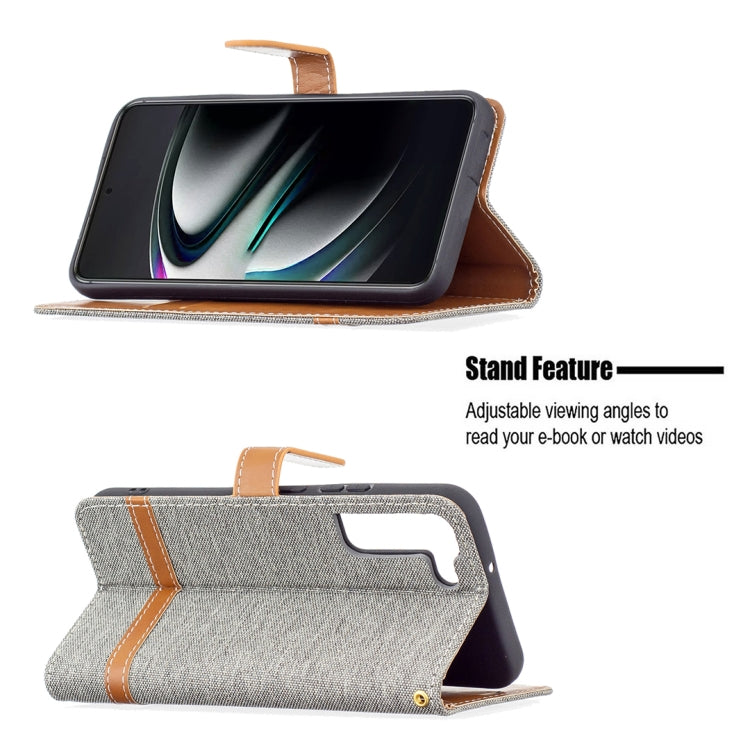 For Samsung Galaxy S22+ 5G Color Matching Denim Texture Leather Case with Holder & Card Slots & Wallet & Lanyard