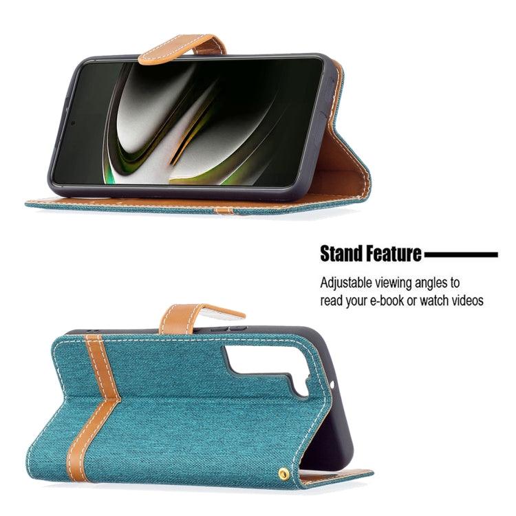 For Samsung Galaxy S22 5G Color Matching Denim Texture Leather Case with Holder & Card Slots & Wallet & Lanyard
