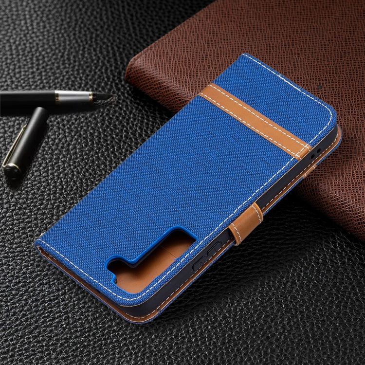 For Samsung Galaxy S22 5G Color Matching Denim Texture Leather Case with Holder & Card Slots & Wallet & Lanyard
