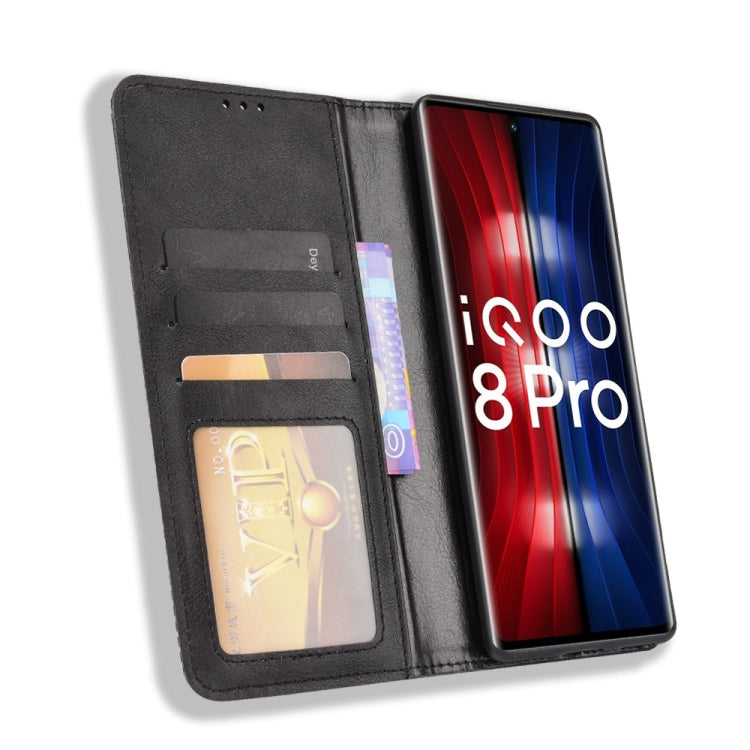 For vivo iQOO 8 Pro Magnetic Buckle Retro Crazy Horse Texture Horizontal Flip Phone Leather Case with Holder & Card Slots & Photo Frame