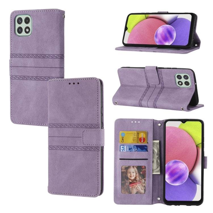 For Samsung Galaxy A03 International Version Embossed Striped Magnetic Buckle Horizontal Flip Phone Leather Case