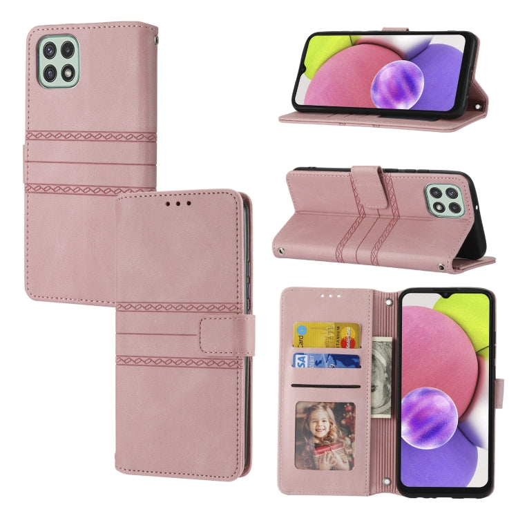 For Samsung Galaxy A03 EU Version Embossed Striped Magnetic Buckle Horizontal Flip Phone Leather Case