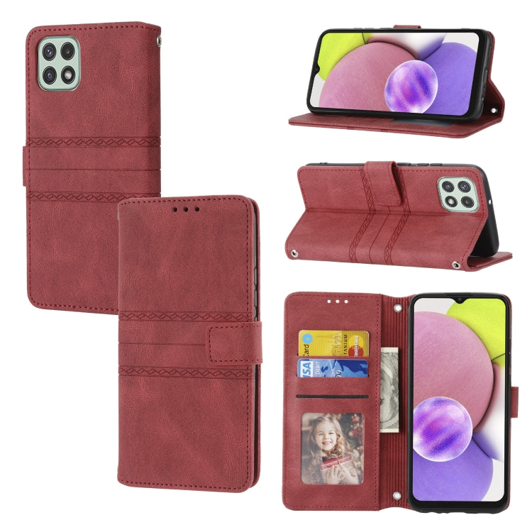 For Samsung Galaxy A03 EU Version Embossed Striped Magnetic Buckle Horizontal Flip Phone Leather Case