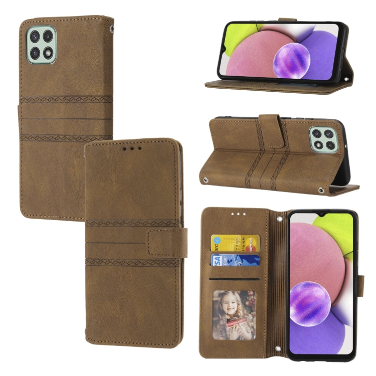For Samsung Galaxy A03 EU Version Embossed Striped Magnetic Buckle Horizontal Flip Phone Leather Case