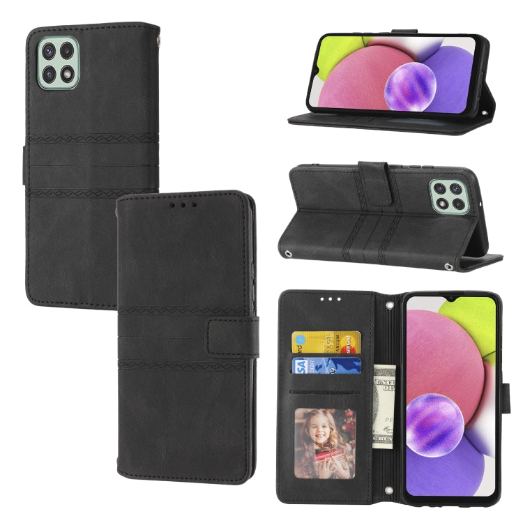 For Samsung Galaxy A03 EU Version Embossed Striped Magnetic Buckle Horizontal Flip Phone Leather Case