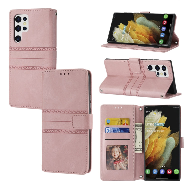 For Samaung Galaxy S22 Ultra 5G Embossed Striped Magnetic Buckle Horizontal Flip Phone Leather Case