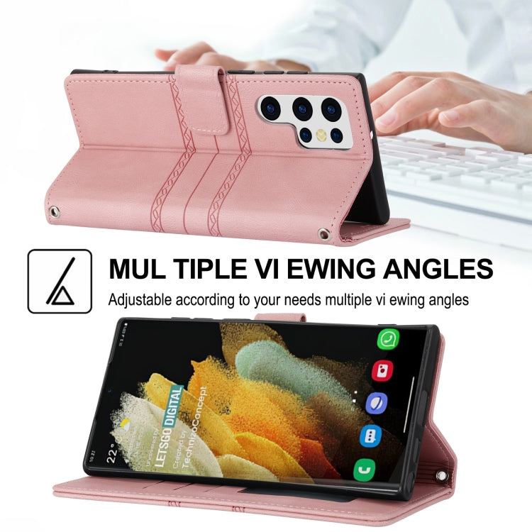 For Samaung Galaxy S22 Ultra 5G Embossed Striped Magnetic Buckle Horizontal Flip Phone Leather Case