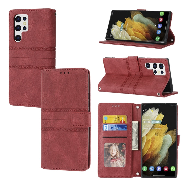 For Samaung Galaxy S22 Ultra 5G Embossed Striped Magnetic Buckle Horizontal Flip Phone Leather Case