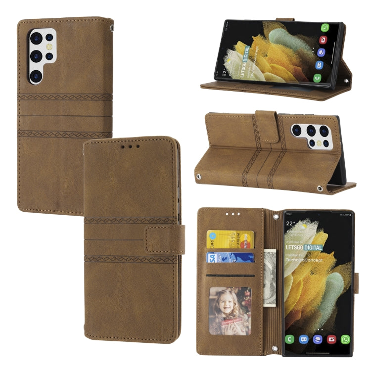 For Samaung Galaxy S22 Ultra 5G Embossed Striped Magnetic Buckle Horizontal Flip Phone Leather Case