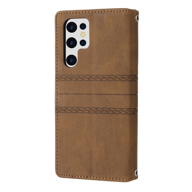 For Samaung Galaxy S22 Ultra 5G Embossed Striped Magnetic Buckle Horizontal Flip Phone Leather Case