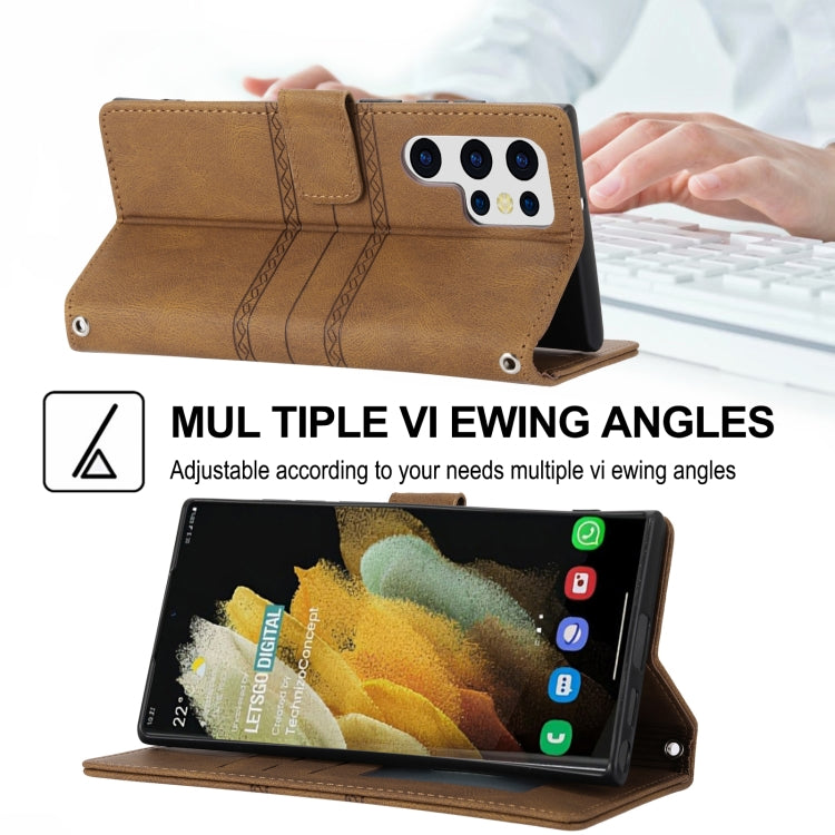 For Samaung Galaxy S22 Ultra 5G Embossed Striped Magnetic Buckle Horizontal Flip Phone Leather Case