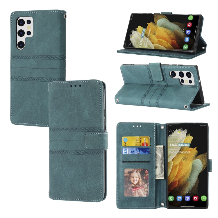 For Samaung Galaxy S22 Ultra 5G Embossed Striped Magnetic Buckle Horizontal Flip Phone Leather Case