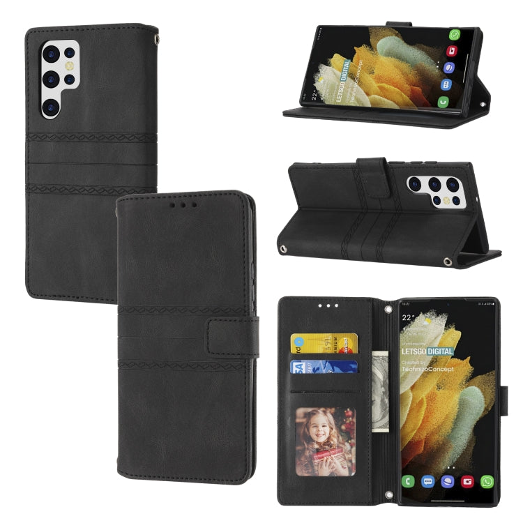 For Samaung Galaxy S22 Ultra 5G Embossed Striped Magnetic Buckle Horizontal Flip Phone Leather Case