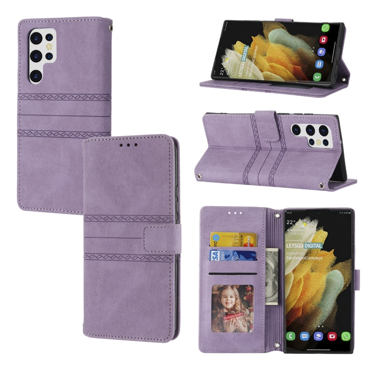 For Samaung Galaxy S22 Ultra 5G Embossed Striped Magnetic Buckle Horizontal Flip Phone Leather Case