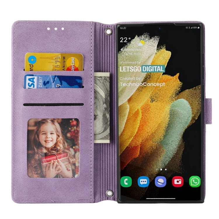 For Samaung Galaxy S22 Ultra 5G Embossed Striped Magnetic Buckle Horizontal Flip Phone Leather Case