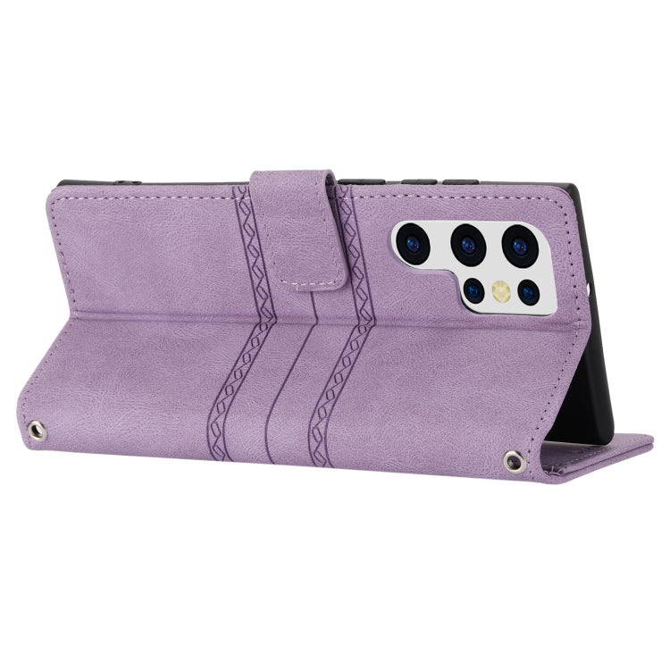 For Samaung Galaxy S22 Ultra 5G Embossed Striped Magnetic Buckle Horizontal Flip Phone Leather Case