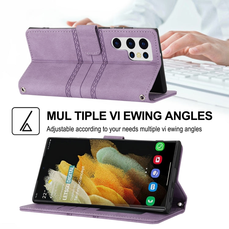 For Samaung Galaxy S22 Ultra 5G Embossed Striped Magnetic Buckle Horizontal Flip Phone Leather Case