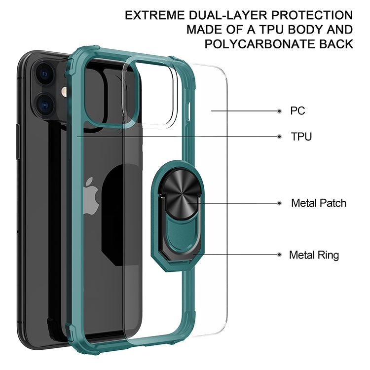 For iPhone 11 Shockproof Transparent TPU + Acrylic Protective Case with Ring Holder
