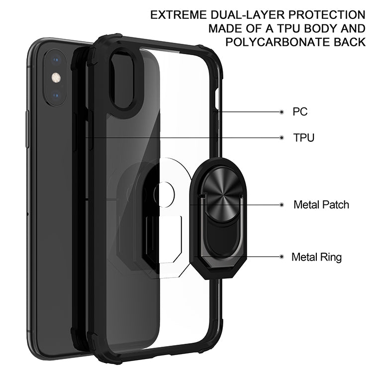 For iPhone X / XS Shockproof Transparent TPU + Acrylic Protective Case with Ring Holder