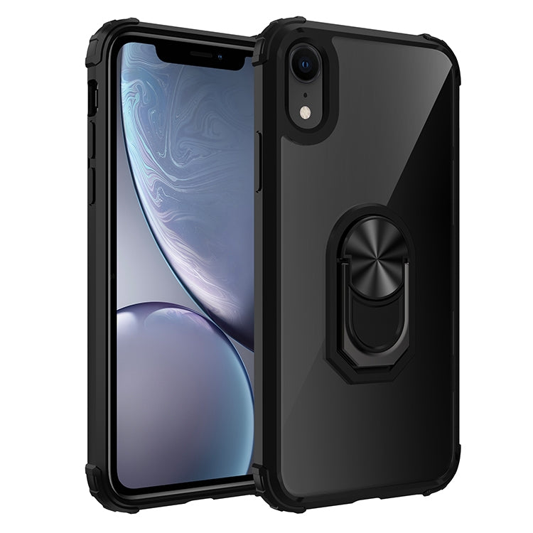 For iPhone XR Shockproof Transparent TPU + Acrylic Protective Case with Ring Holder