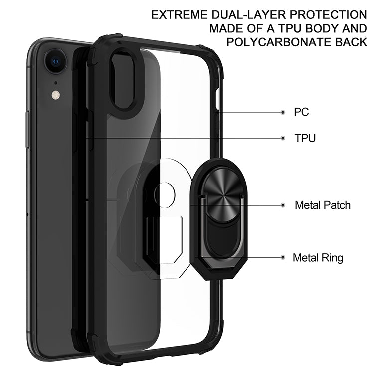 For iPhone XR Shockproof Transparent TPU + Acrylic Protective Case with Ring Holder