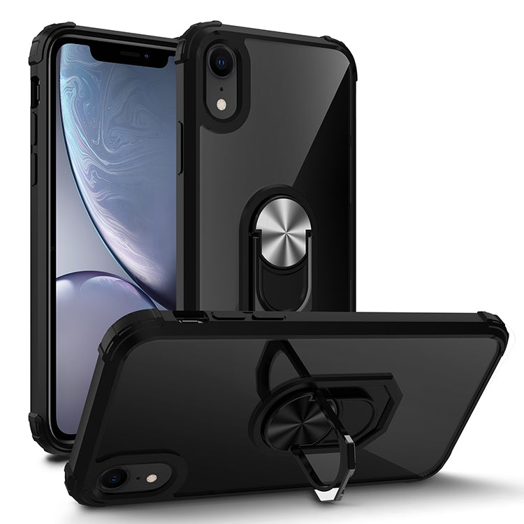 For iPhone XR Shockproof Transparent TPU + Acrylic Protective Case with Ring Holder