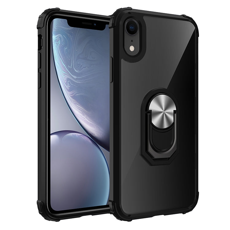 For iPhone XR Shockproof Transparent TPU + Acrylic Protective Case with Ring Holder