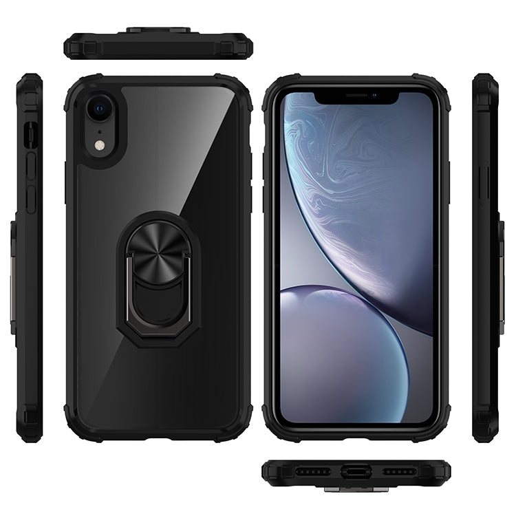 For iPhone XR Shockproof Transparent TPU + Acrylic Protective Case with Ring Holder