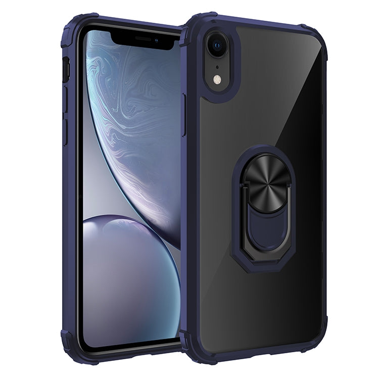 For iPhone XR Shockproof Transparent TPU + Acrylic Protective Case with Ring Holder