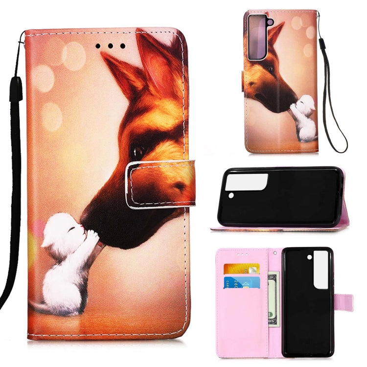 For Samsung Galaxy S22 5G Colored Drawing Pattern Plain Weave Leather Phone Case with Holder & Card Slot & Wallet & Lanyard