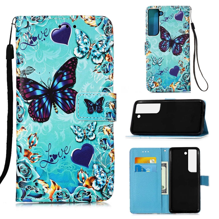 For Samsung Galaxy S22 5G Colored Drawing Pattern Plain Weave Leather Phone Case with Holder & Card Slot & Wallet & Lanyard