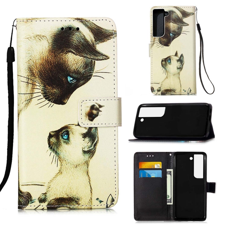 For Samsung Galaxy S22 5G Colored Drawing Pattern Plain Weave Leather Phone Case with Holder & Card Slot & Wallet & Lanyard