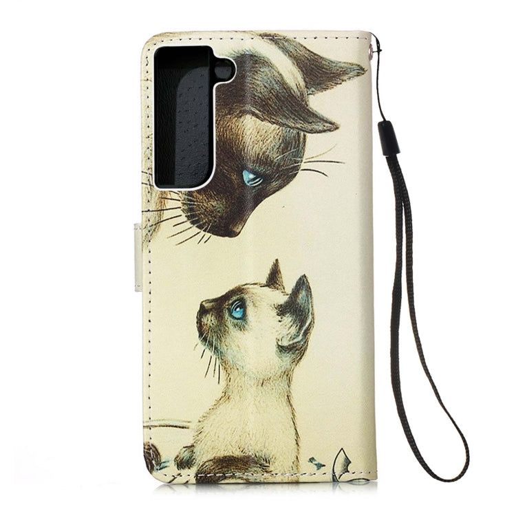 For Samsung Galaxy S22 5G Colored Drawing Pattern Plain Weave Leather Phone Case with Holder & Card Slot & Wallet & Lanyard