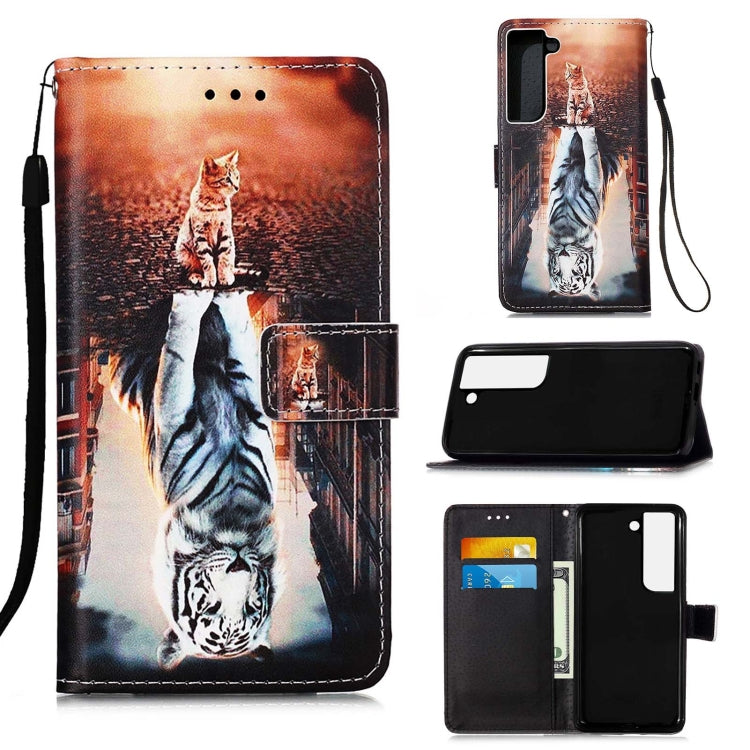 For Samsung Galaxy S22 5G Colored Drawing Pattern Plain Weave Leather Phone Case with Holder & Card Slot & Wallet & Lanyard