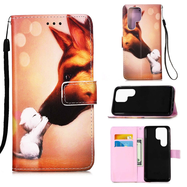 For Samsung Galaxy S22 Ultra 5G Colored Drawing Pattern Plain Weave Leather Phone Case with Holder & Card Slot & Wallet & Lanyard