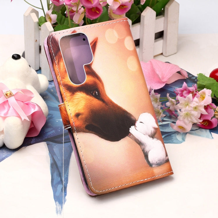 For Samsung Galaxy S22 Ultra 5G Colored Drawing Pattern Plain Weave Leather Phone Case with Holder & Card Slot & Wallet & Lanyard