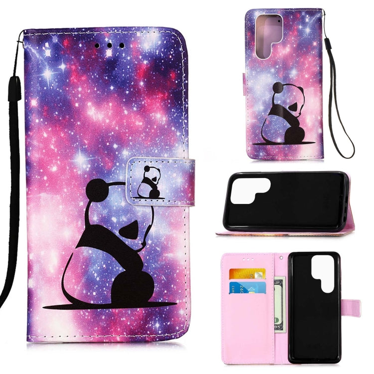 For Samsung Galaxy S22 Ultra 5G Colored Drawing Pattern Plain Weave Leather Phone Case with Holder & Card Slot & Wallet & Lanyard