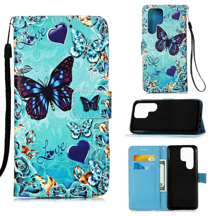 For Samsung Galaxy S22 Ultra 5G Colored Drawing Pattern Plain Weave Leather Phone Case with Holder & Card Slot & Wallet & Lanyard