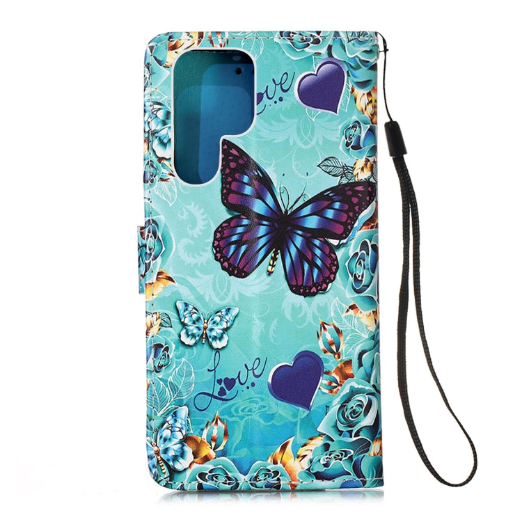 For Samsung Galaxy S22 Ultra 5G Colored Drawing Pattern Plain Weave Leather Phone Case with Holder & Card Slot & Wallet & Lanyard