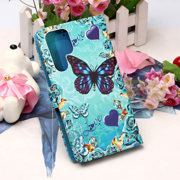 For Samsung Galaxy S22 Ultra 5G Colored Drawing Pattern Plain Weave Leather Phone Case with Holder & Card Slot & Wallet & Lanyard