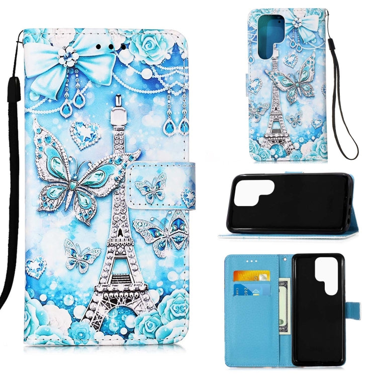 For Samsung Galaxy S22 Ultra 5G Colored Drawing Pattern Plain Weave Leather Phone Case with Holder & Card Slot & Wallet & Lanyard