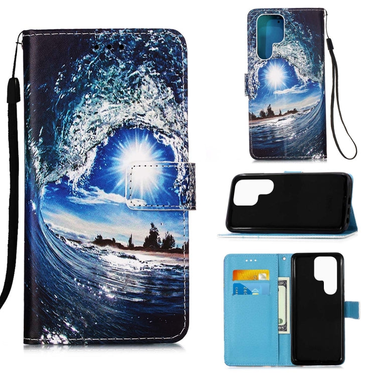 For Samsung Galaxy S22 Ultra 5G Colored Drawing Pattern Plain Weave Leather Phone Case with Holder & Card Slot & Wallet & Lanyard