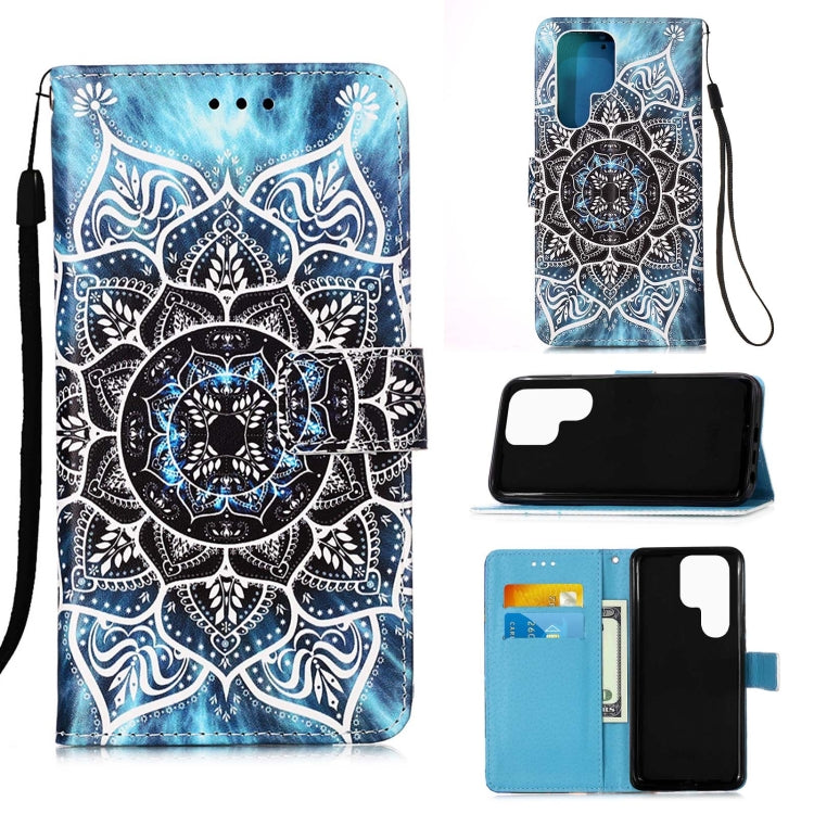 For Samsung Galaxy S22 Ultra 5G Colored Drawing Pattern Plain Weave Leather Phone Case with Holder & Card Slot & Wallet & Lanyard